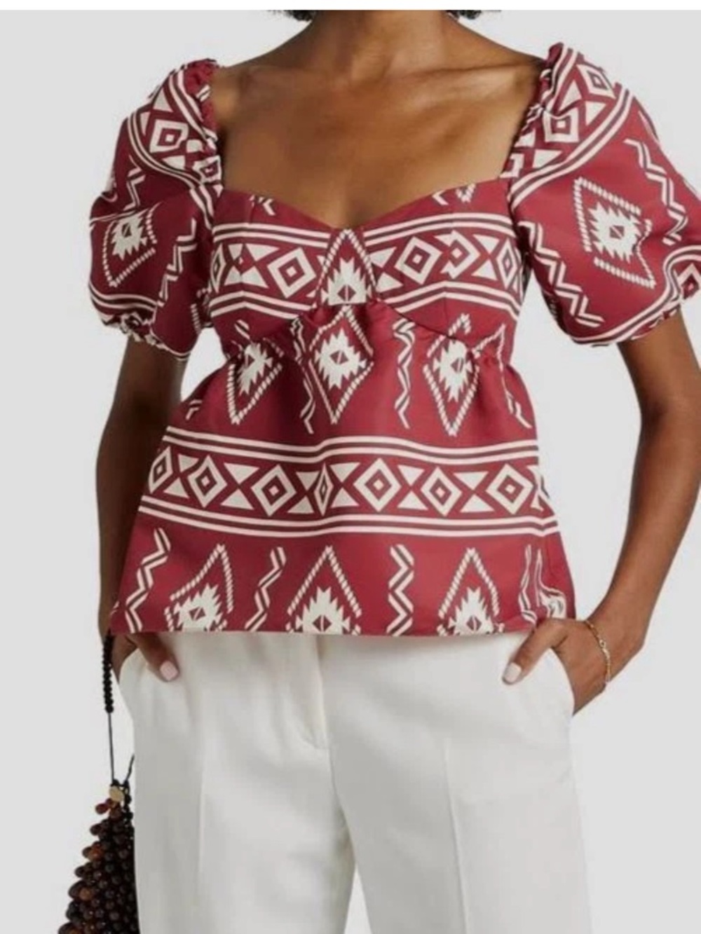 NWT Sachin & Babi Red Lyra Print Short Sleeve Tie Back Blouse Crimson Aztec
